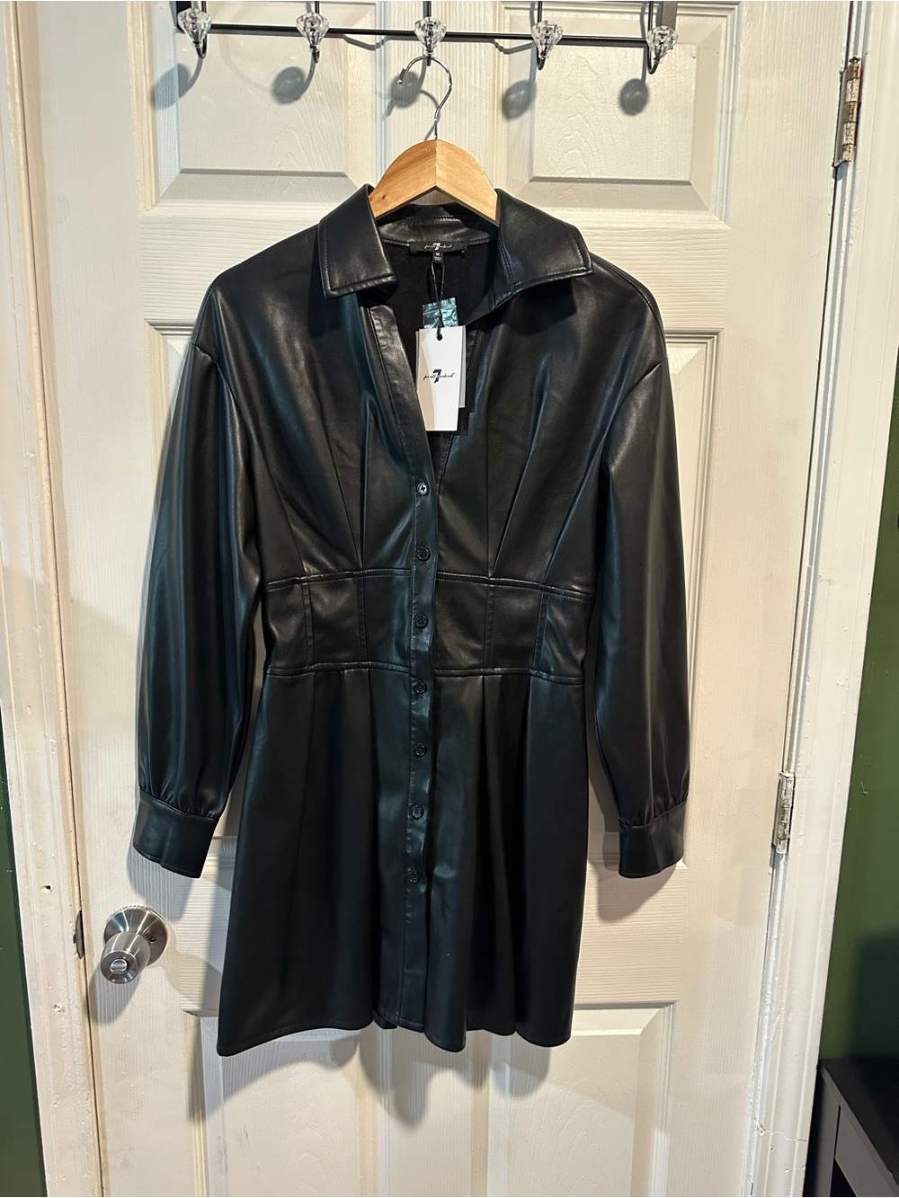 7 For All Mankind Black Faux Leather Shirt Jacket Dress - Picture 2 of 5
